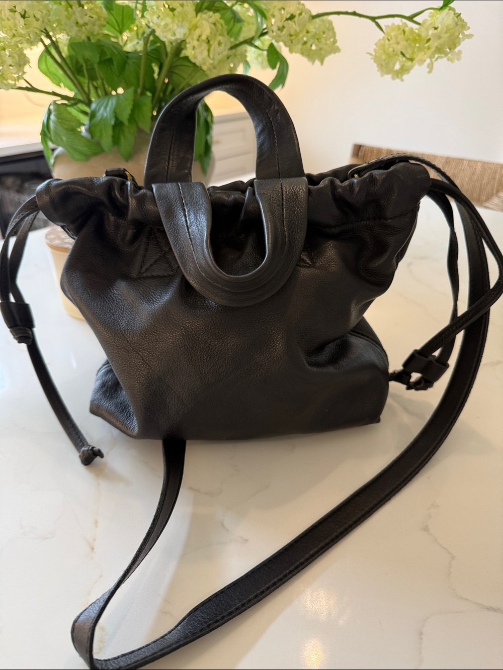 Madewell Black Leather Drawstring Tote Crossbody
